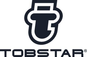 Logo of Tobstar featuring a thick, stylized black letter "T" inside an outlined badge shape above the word "TOBSTAR" in bold, uppercase black letters, set on a white background.