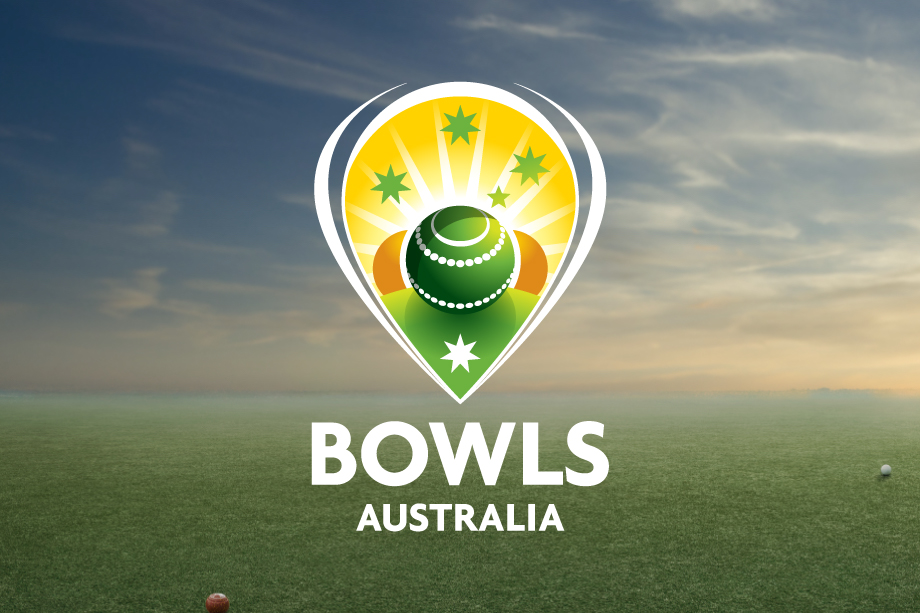 The image features the Bowls Australia logo, which consists of a stylized green and yellow emblem with lawn bowls, radiating sunbeams, and stars. The logo appears above the bold white text "BOWLS AUSTRALIA" set against a grassy field with a partly cloudy sky in the background.