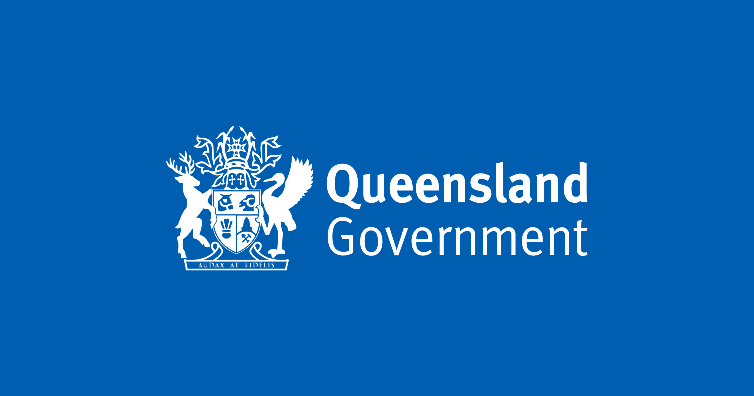 The image shows the official logo of the Queensland Government on a blue background. The design features a white state coat of arms with a deer and a brolga, along with the Latin motto "Audax at Fidelis" beneath it, and the words "Queensland Government" prominently displayed to the right.