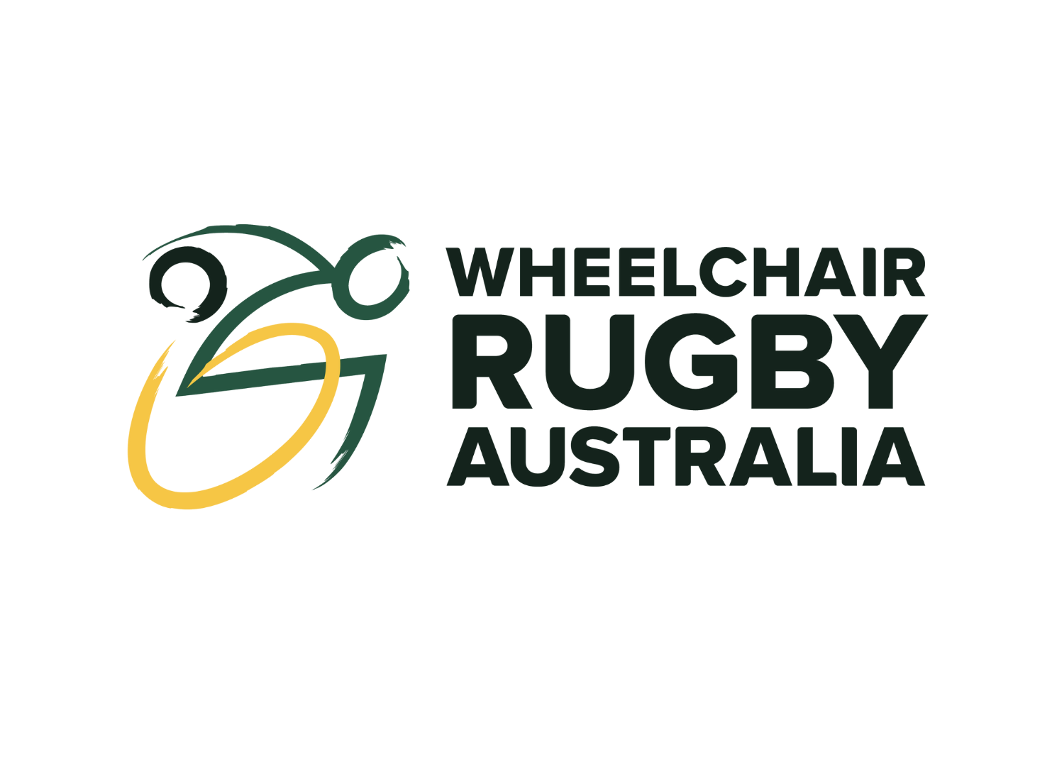 Logo for Wheelchair Rugby included the wording "Wheelchair Rugby Australia" with a stick figure person in the colour green on a yellow wheelchair.
