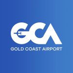 Gold Coast Airport Logo. Shows the wording 'GCA, Gold Coast Airport' in white on a blue background.