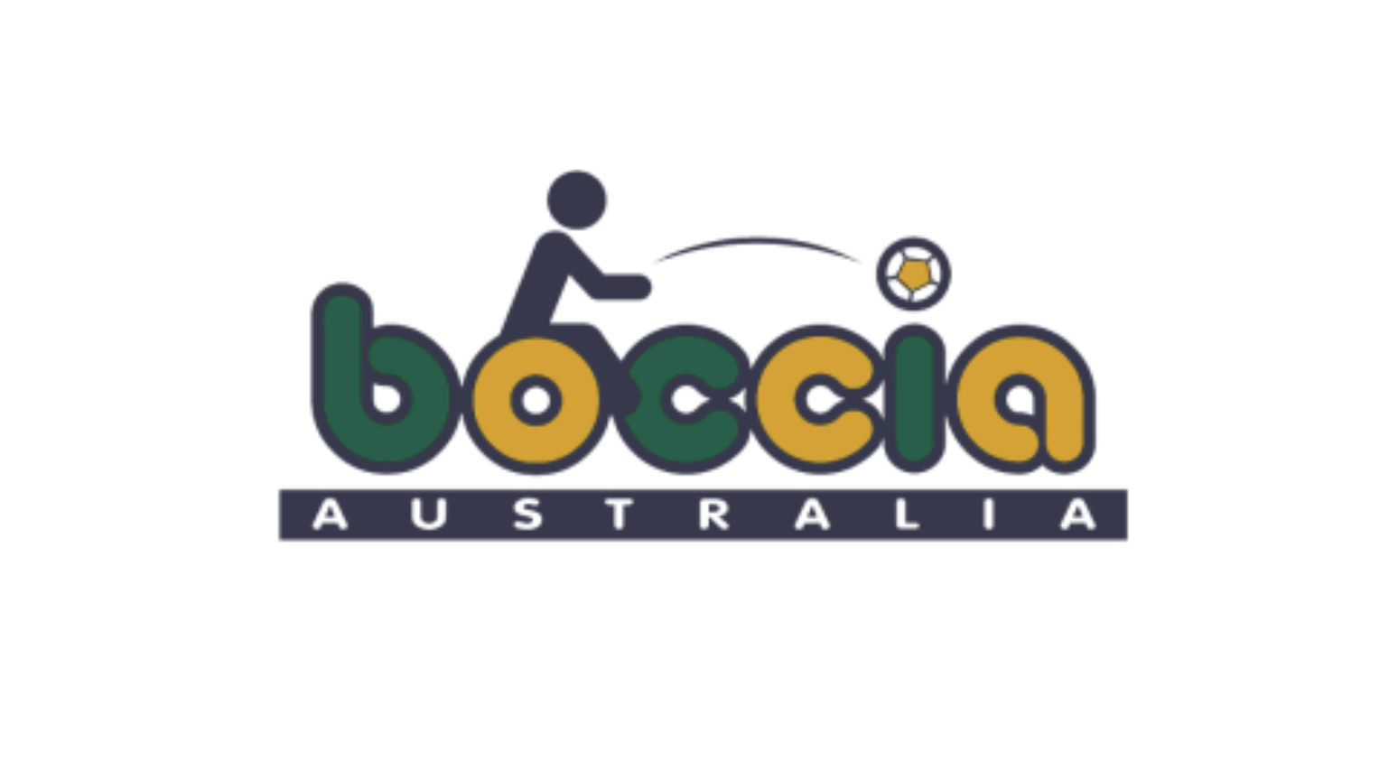 A yellow and green Boccia Australia Logo with a white background. The logo shows a figure of an athlete in a wheelchair throwing a boccia ball and the wording states 'Boccia Australia'