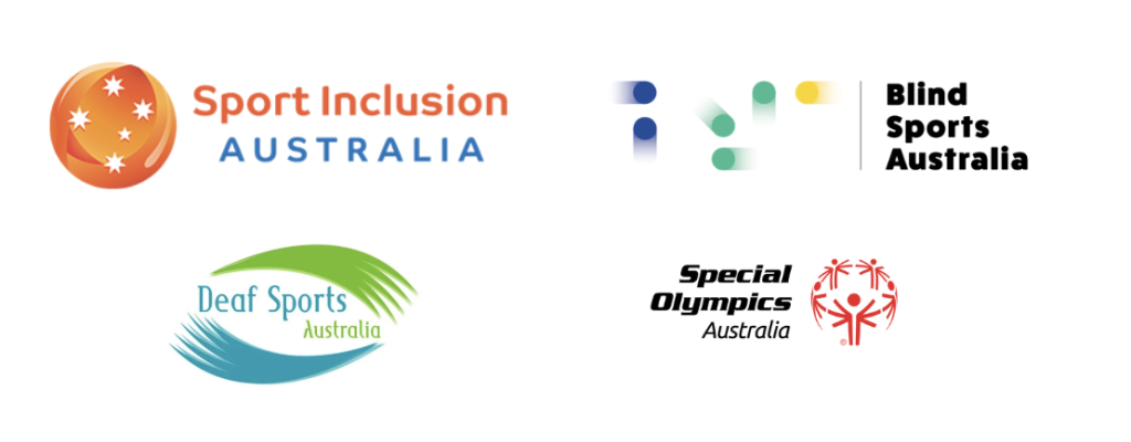 Image shows 4 ASAPD Member Logos. Sport Inclusion Australia, Blind Sports Australia, Deaf Sports Australia and Special Olympics Australia.