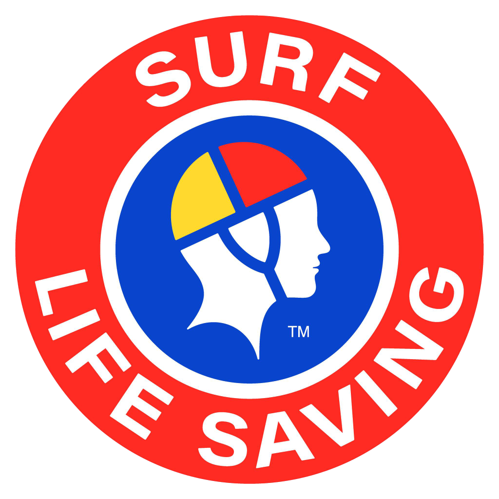 Surf Life Saving Australia Logo. Shows a circle with a person with a surf live saving red and yellow cap on witht the text 'Surf Life Saving' on the outside.