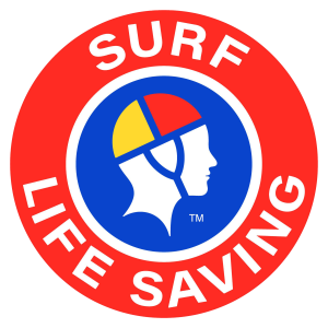 Surf Life Saving Australia Logo. Shows a circle with a person with a surf live saving red and yellow cap on witht the text 'Surf Life Saving' on the outside.
