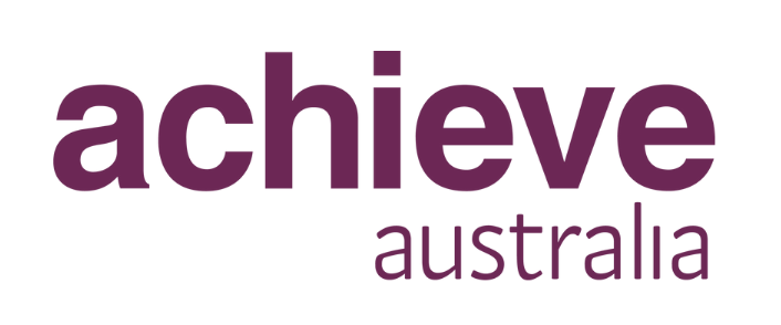 Achieve Australia logo. Shows the words 'Achieve Australia' staked on top of each other in a purple colour.