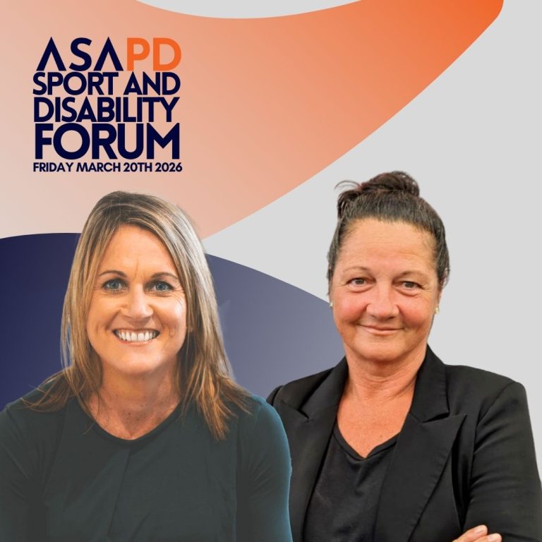 Two women pose in front of a modern graphic backdrop featuring large orange and navy arcs and bold text that says “ASAPD Sport and Disability Forum, Friday March 20th 2026.” Both women’s faces are blurred for privacy; one wears a dark long sleeve top with straight hair, the other wears a black blazer and has her hair tied back.