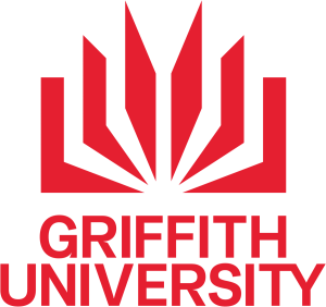 Griffith University logo in red, featuring a stylized abstract book or sunburst graphic above the words “Griffith University” in bold uppercase letters.