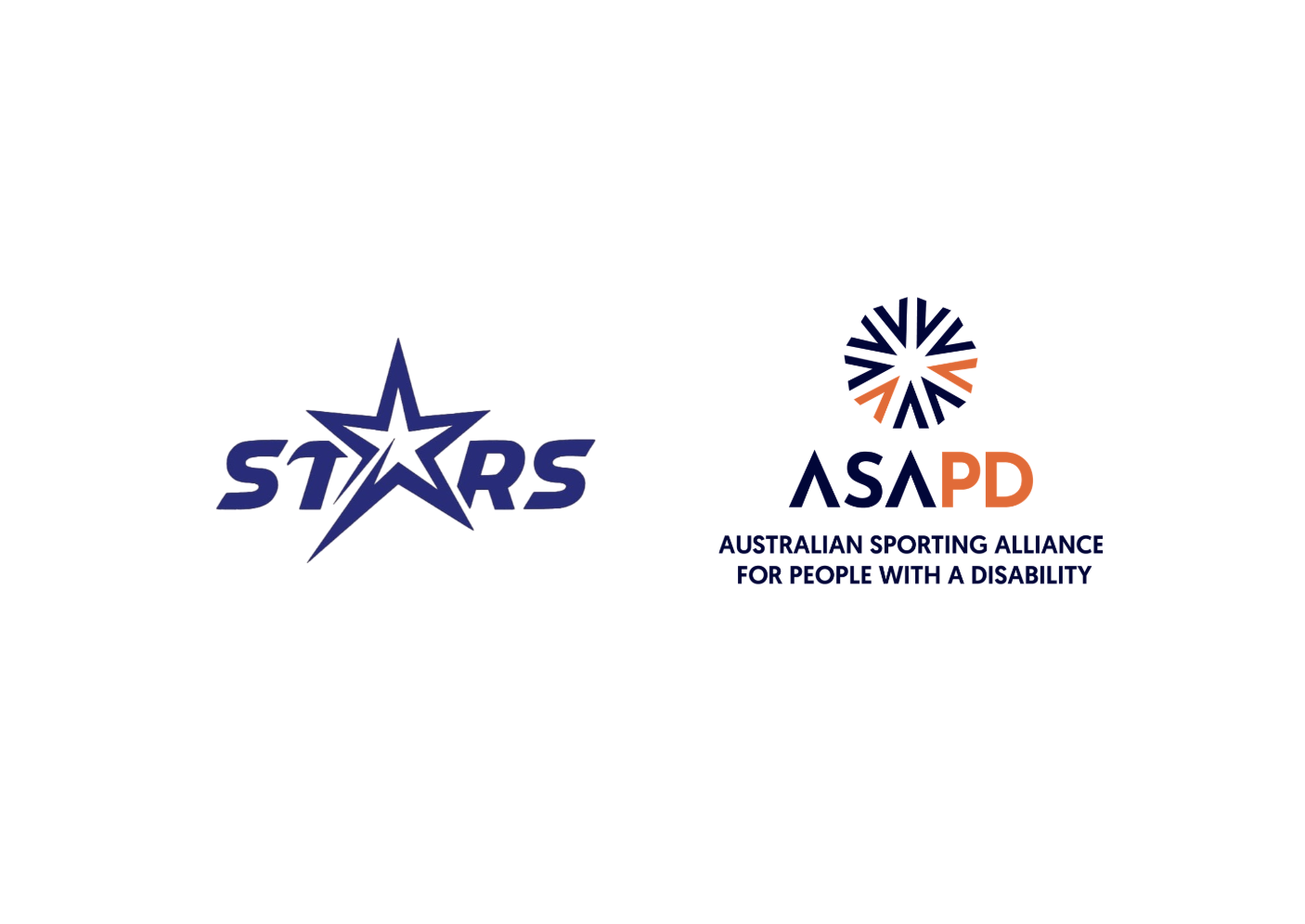 Two logos on a white background. On the left, the STARS logo features a stylized blue star with the word "STARS" in bold blue letters, the letter "A" formed by the central star. On the right, the ASAPD logo includes a circular design with navy and orange segments above the text "ASAPD" (with "PD" in orange), and below, the words "Australian Sporting Alliance For People With A Disability" in navy blue uppercase letters.