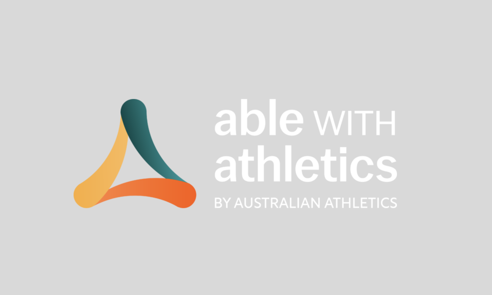 The Able with Athletics logo, featuring three curved lines in teal, yellow, and orange forming a triangular symbol to the left, with the words 'able with athletics by Australian Athletics' in bold white text on a light grey background.