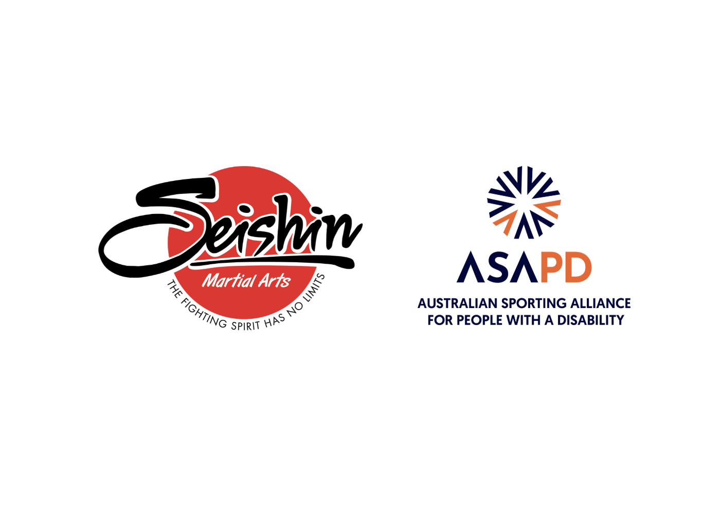 ogos of two organizations side by side on a white background. On the left is the red Seishin Martial Arts logo with the slogan 'The fighting spirit has no limits.' On the right is the blue and orange logo of ASAPD, Australian Sporting Alliance for People with a Disability, featuring a star-like design above the text.