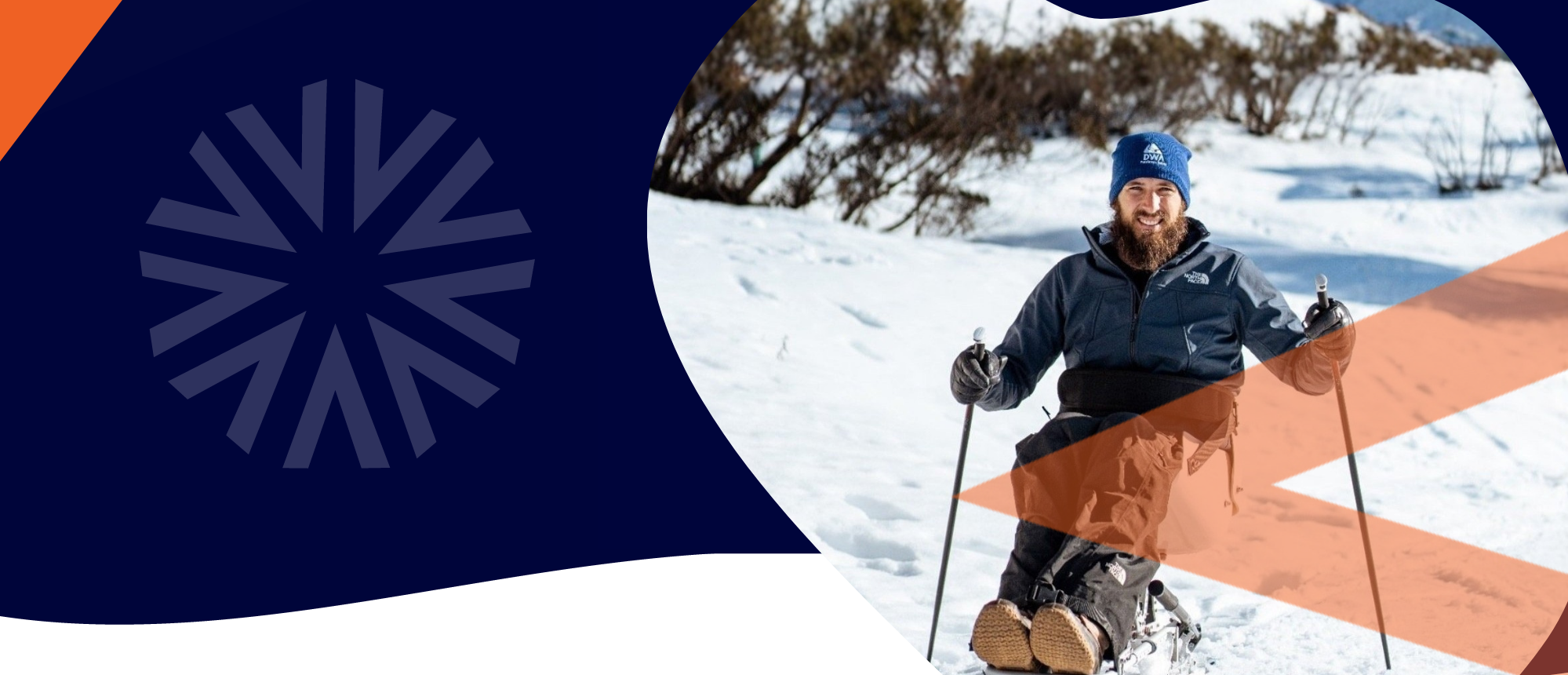 Person using a sit ski on a snowy mountain slope, holding outriggers, with blurred face, wearing a blue jacket and beanie, overlaid by navy and orange graphic shapes and a radial logo on the left.